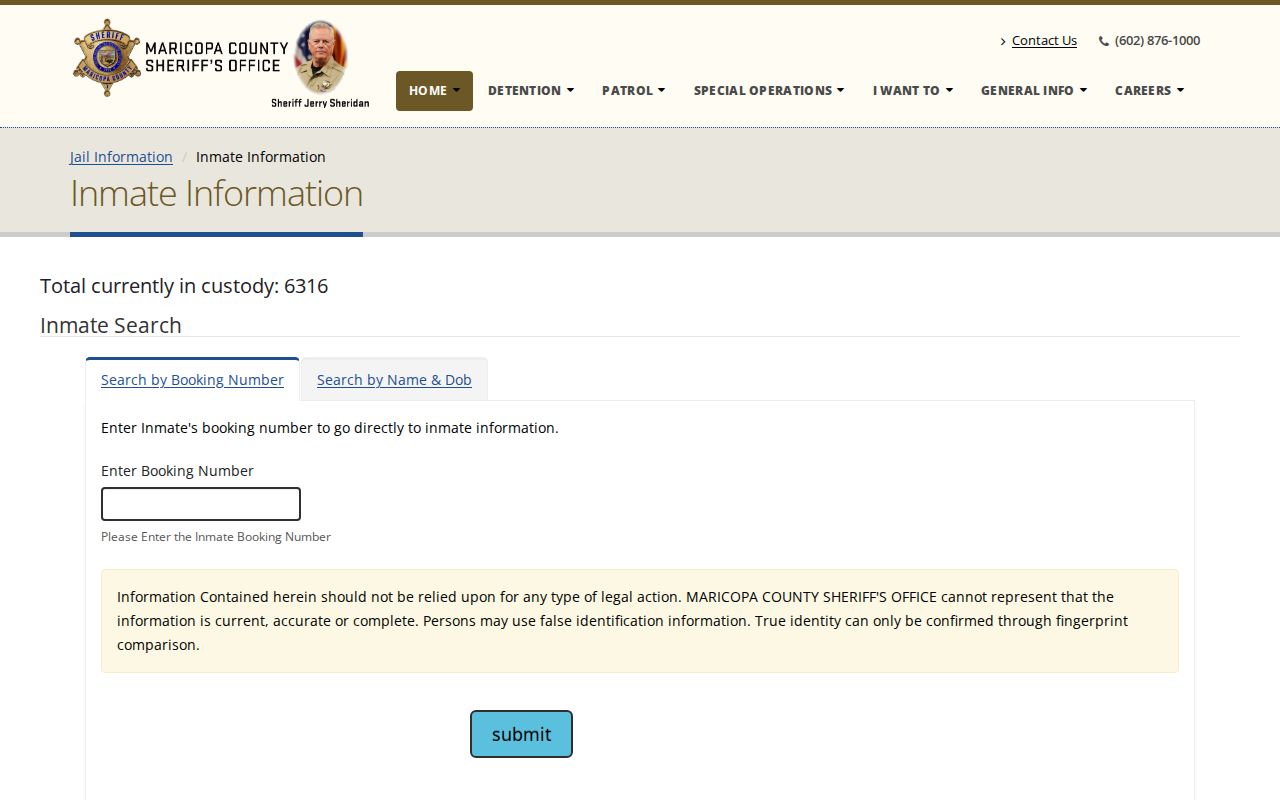 Arizona county current-custody search interface for booking records