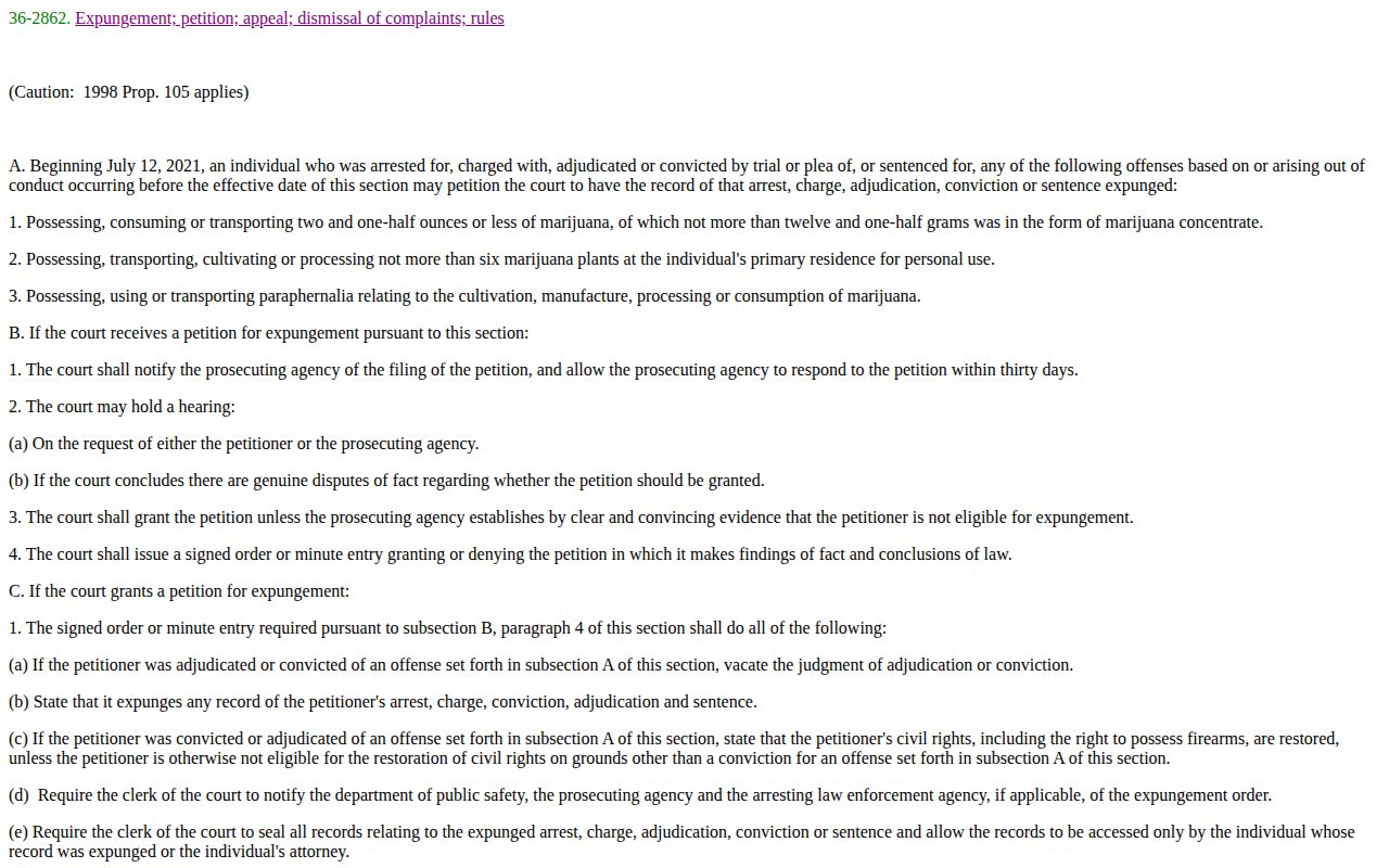 Arizona Proposition 207 expungement law for specified marijuana records