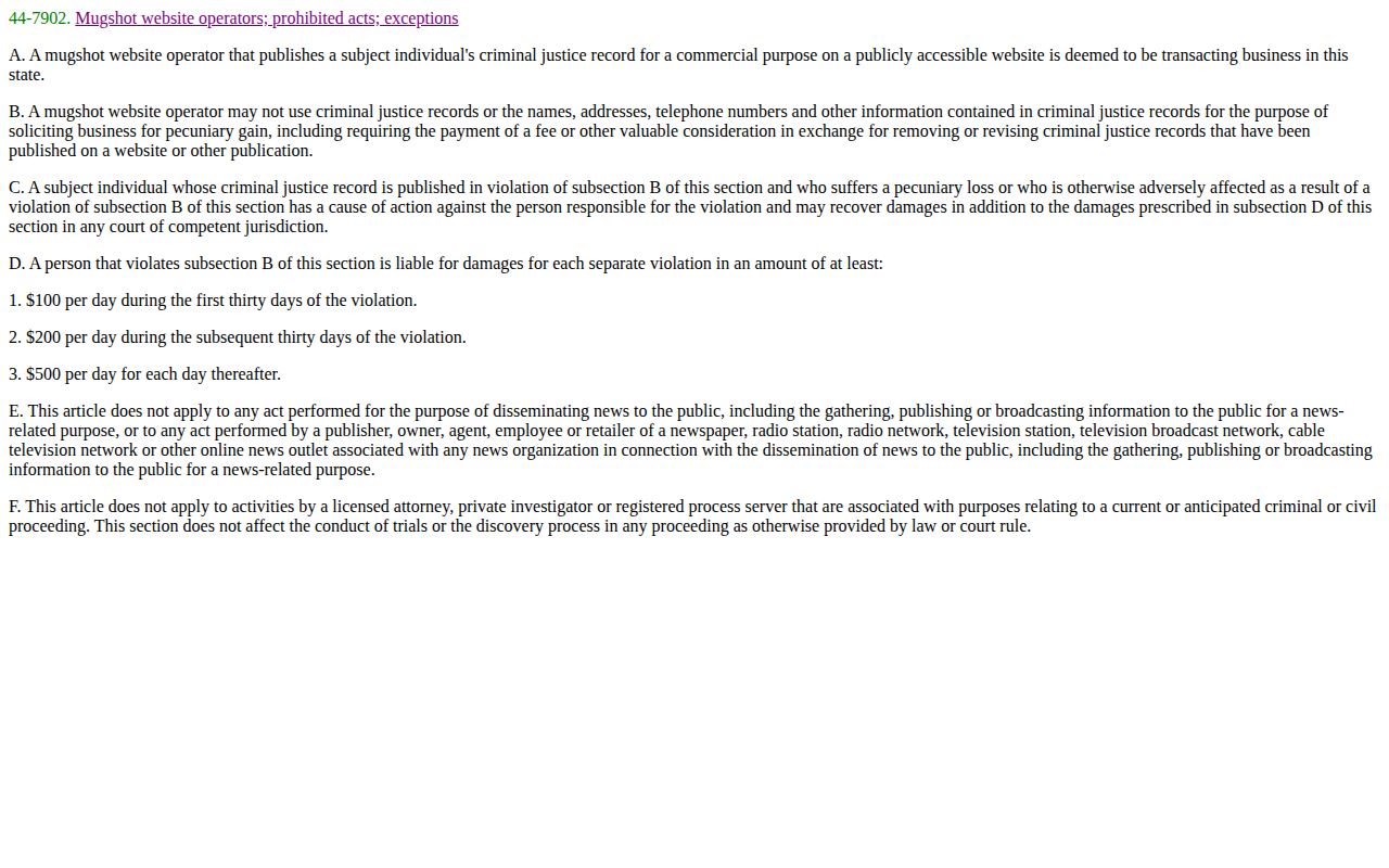 Arizona statute text on commercial booking-record use and photo publication