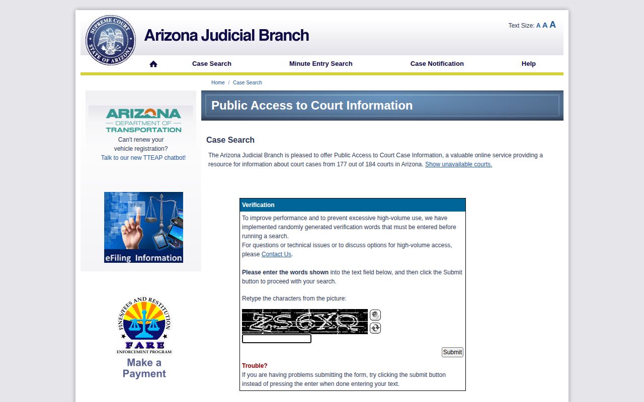Arizona court case lookup interface for verifying an arrest case record