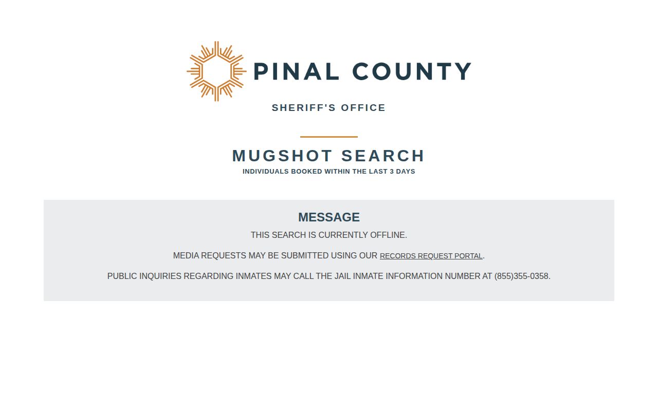 Arizona county booking-photo search page showing an offline notice