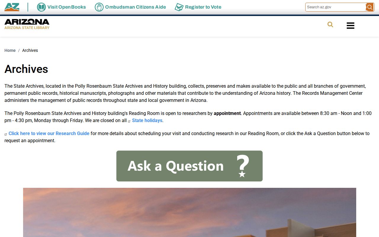 Arizona State Archives research information for historic public records