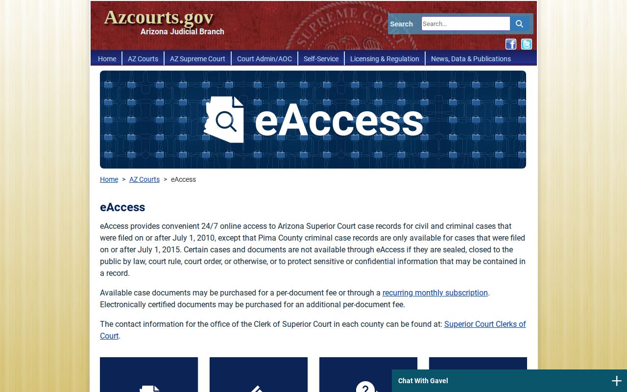 Arizona Courts eAccess page describing eligible Superior Court documents and exclusions