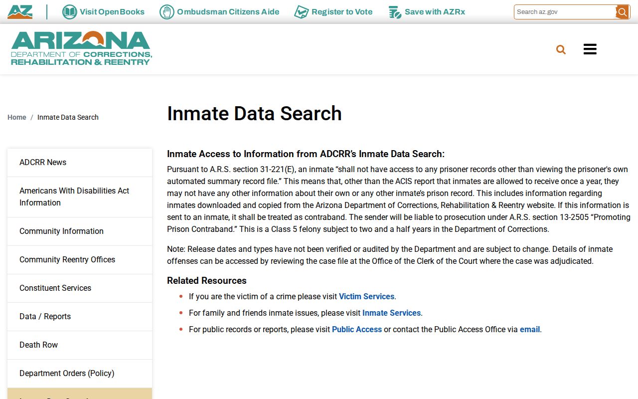 Arizona ADCRR offender search page and state-custody record notice