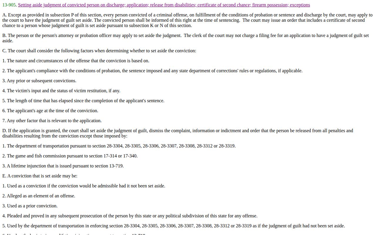 Arizona set-aside law and its effect on a criminal judgment record
