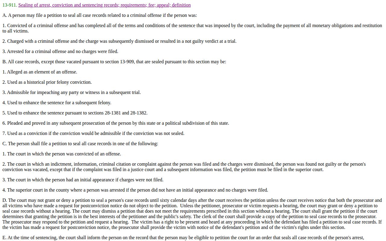 Arizona statute for sealing eligible arrest and case records under section 13-911