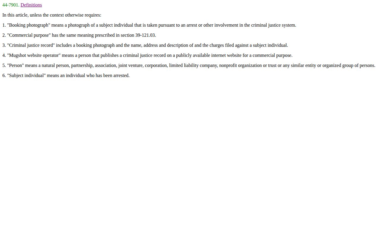 Arizona booking photo and criminal justice record definitions in A.R.S. section 44-7901